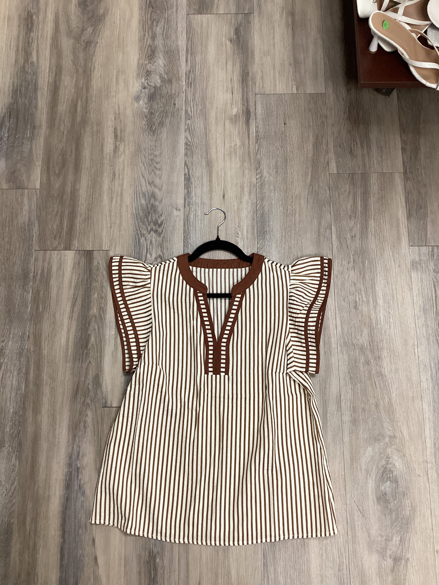 Brown Striped Ruffle Blouse
