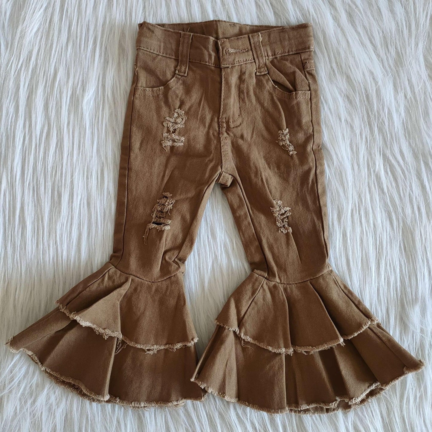 Coffee Ruffle distressed denim