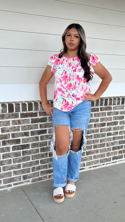 Rose Floral Print Flutter Sleeve Casual Blouse