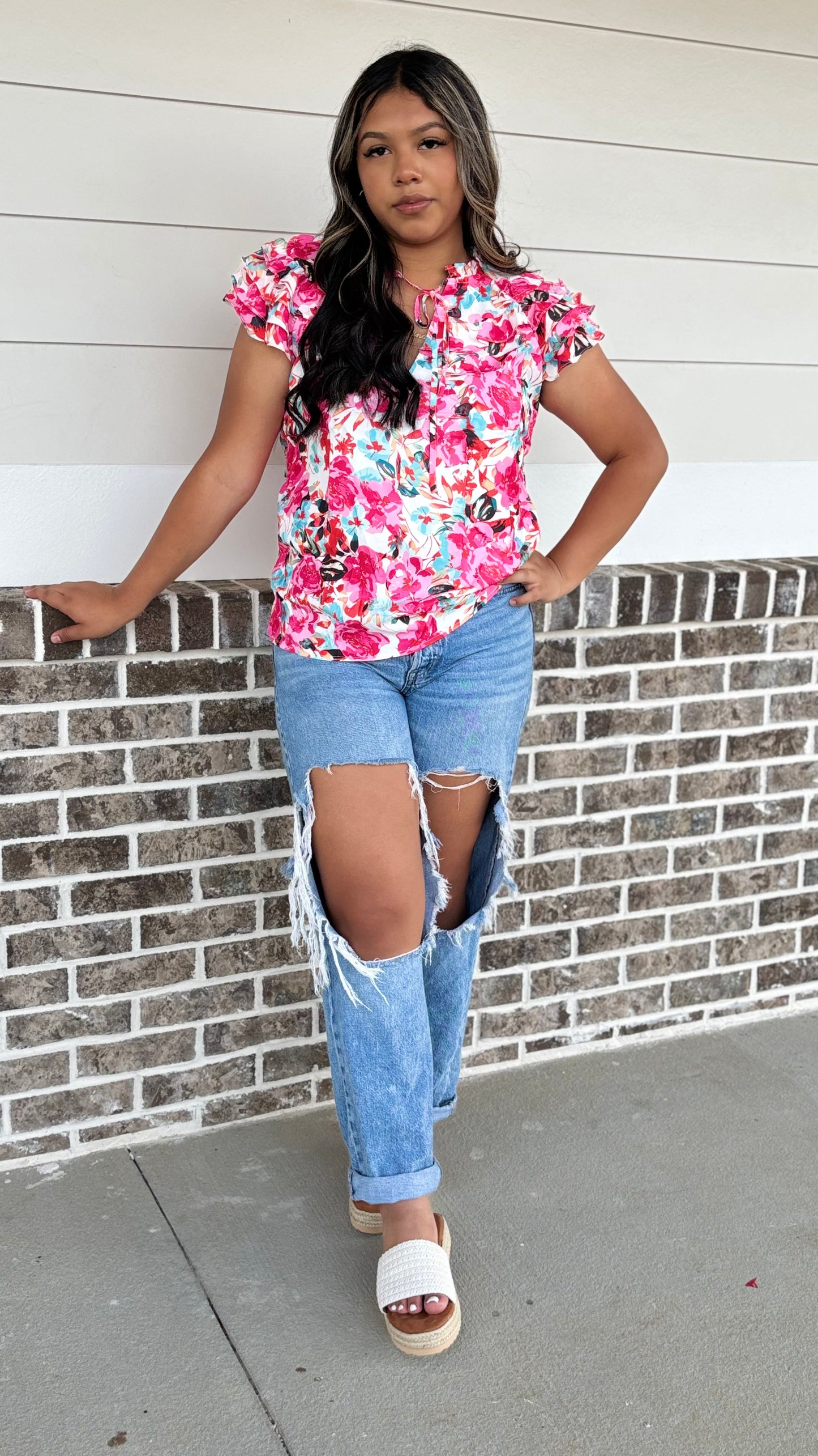 Floral ruffle sleeve blouse