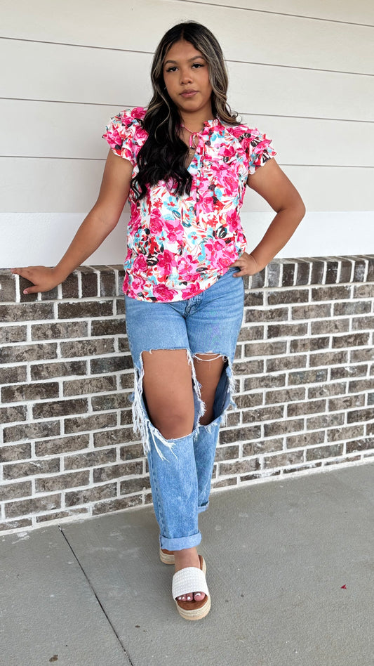 Floral ruffle sleeve blouse