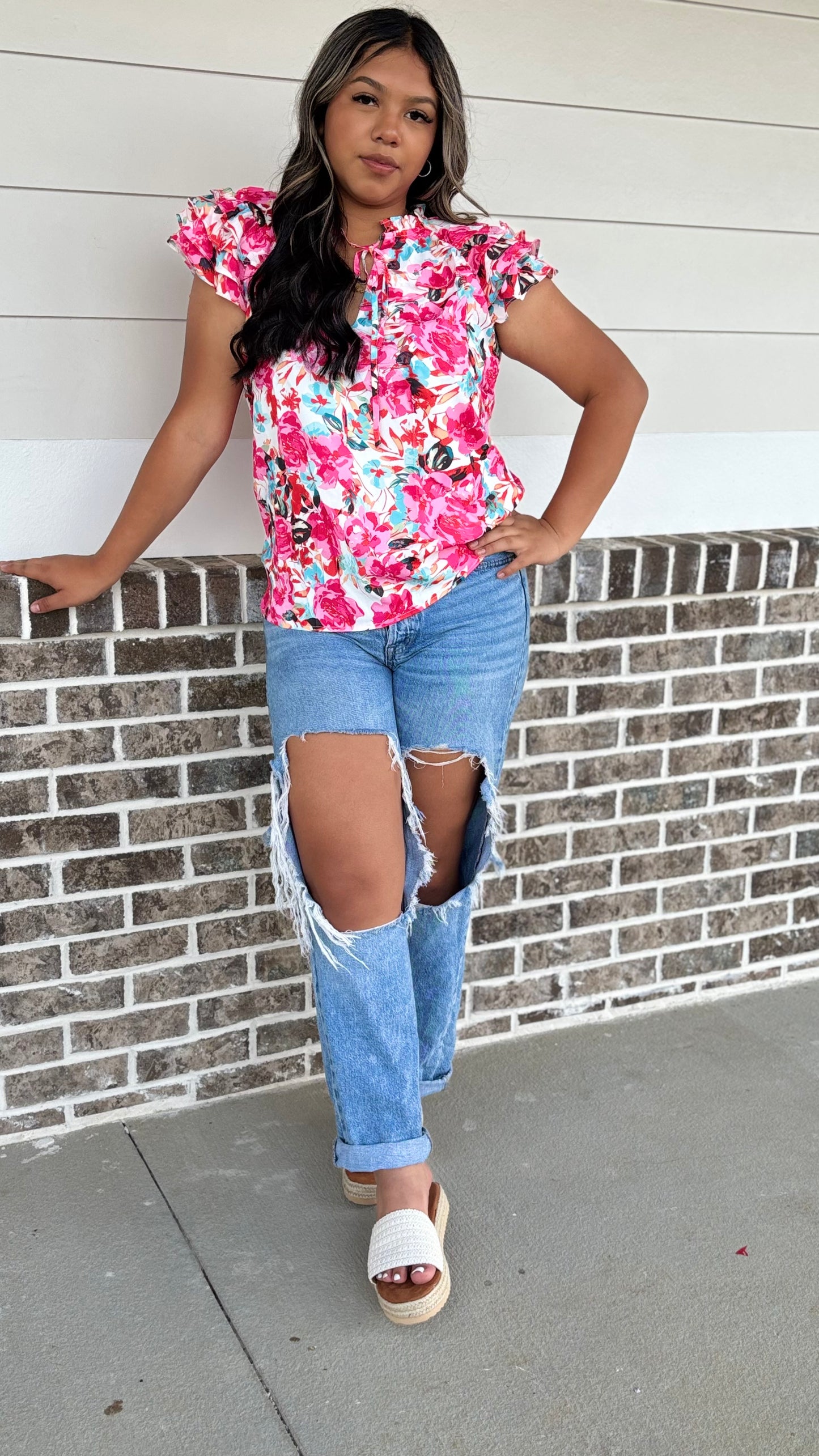 Floral ruffle sleeve blouse