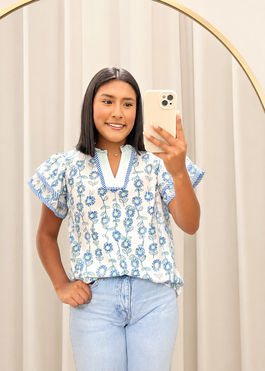Blue ruffle v-neck blouse