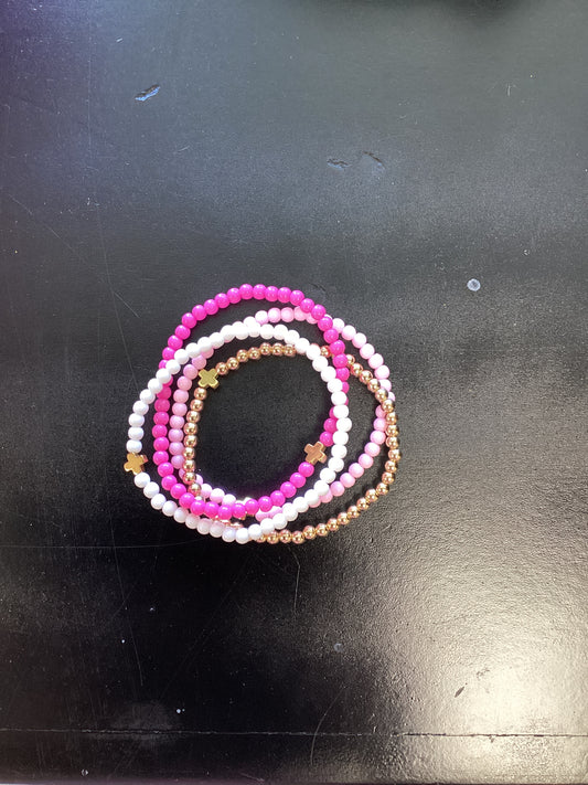Pink White and Gold cross Bracelet Stack