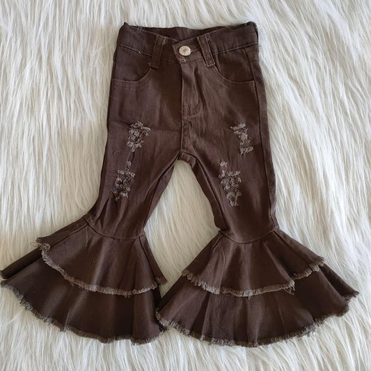 Brown Ruffle distressed denim